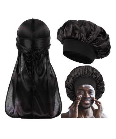 Bonnet for Men Curly Hair Silk Bonnet for Men for Sleeping Matching Durag and Bonnets Set for Couples Mens Bonnet Pack A Set A-black