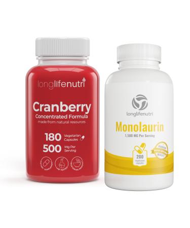 LongLifeNutri Cranberry Extract 500 mg & Monolaurin 1500 mg Bundle - 180 & 200 Veg Capsules 6 Month Supply Urinary Immune & Digestive Support Non-GMO Gluten Free Made in USA