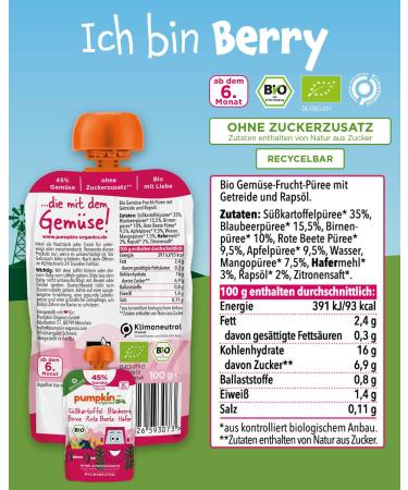 Pumpkin Organics 32 Pack Querbet Bio Vegetables Quetschies - Sugar-Free Baby Food for 8+ Months - Vegetarian (32x100g) - Buy Online on GoSupps.com