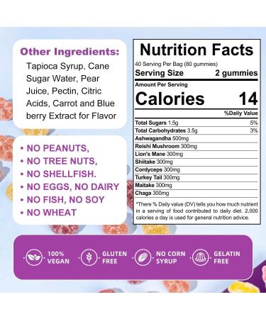 PPG BEST Organic & Functional Mushroom Gummies Supplement ASHWAGANDHA REISHI Turkey Tail MAITAKE SHATAKE Chaga CORDYCEPS BOOSTS Cognitive Performance Gluten Free Vegan Low CARB GUMMIES80 - Buy Online on GoSupps.com