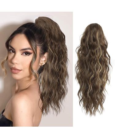 FINE PLUS Ponytail Extension Claw Synthetic Curly Wavy Claw Clip in Ponytail Hair Extensions 18INCH Curly Ponytail Extension Hair Hairpieces for Daily Party Use Dark Cool Brown Color Brown with Caramel Blonde highlights
