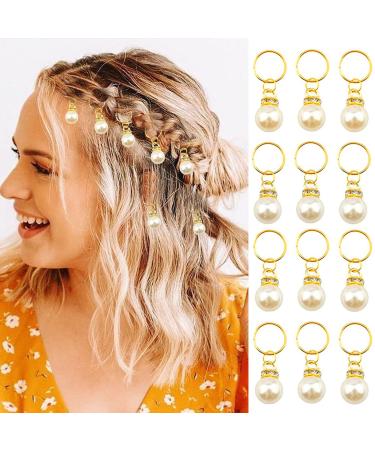 NAISKA 12PCS Gold Pearl Braid Clips Dreadlock Accessories Wedding Hair Pins Crystal Rhinestone Pearls Hair Jewelry for Women Braid Hair Clips Cuffs Braid Charms Rings Shiny Hair Accessories Set 6