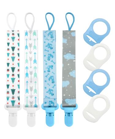 4X Dummy Clips Baby Pacifier Holder Soother Clip Chain Straps with Plastic Clasp 4X Silicone Ring Adapter Fit All Dummies & Soothers & Teething Toys (Blue)