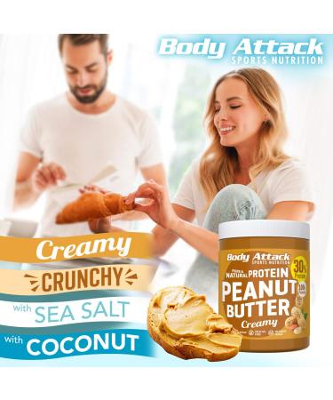 Body Attack Crunchy Vegan Peanut Butter 1kg - Natural Low Sugar 30% Protein No Salt or Palm Fat - Buy Online on GoSupps.com