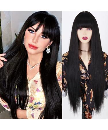 MISSQUEEN Long Black Wigs with Bangs  Straight Black Wigs for Women  Synthetic 30 Inch Long Straight Black Bangs Wig for Daily Wear
