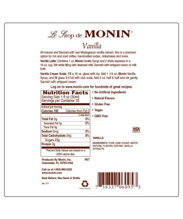 Monin Vanilla Syrup 1L - Ideal for Coffee, Shakes, Cocktails - Gluten-Free, Non-GMO - Buy Online on GoSupps.com