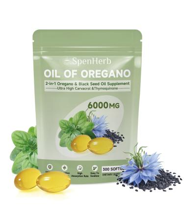 6000mg Oil of Oregano with Black Seed Oil Softgels High Potency Carvacrol Immune Defense & Digestive Comfort Vegan Non-GMO Formula Supplement for Adults 1 Count (Pack of 300)