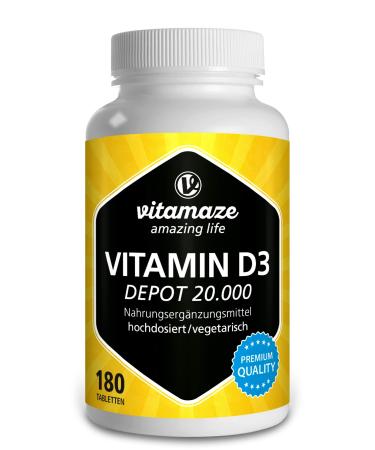 Vitamin D3 high dose 20 000 IE per tablet (20-day dose) 180 vegetarian tablets (divisible) natural nutritional supplement without additives made in Germany