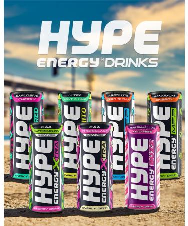 Hype Energy BUZZ MarshMallow Madness Energy Drink - 24x250ml | Caffeine, Taurine, and B-Vitamins | Vegan & Gluten Free | Berrylicious Marshmallow Flavor - Buy Online on GoSupps.com