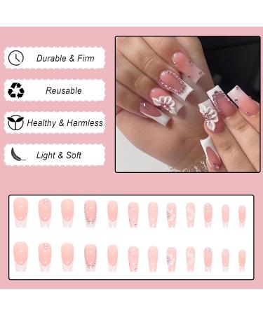 Ceboic 24Pcs Square Short Pink & White French Tip Press on Nails with Flower Pattern & Rhinestone Designs - Glossy Removable Glue on Nails for Women - Buy Online on GoSupps.com
