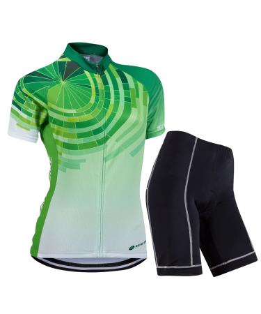 Women breathable fast-drying bicycle jersey set outdoor short-sleeved cycling shirt + 3D gel padded short pants bike pants green lemon xl