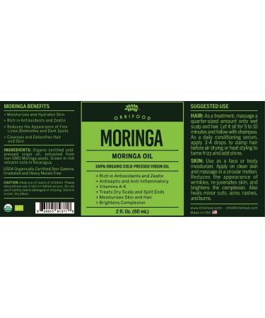 Orbifood Organic Moringa Oil 60ml - USDA Certified, Made in USA - Cold Pressed Virgin Oil for Skin, Hair & Nails - Hydrating & Antioxidant-Rich - Buy Online on GoSupps.com