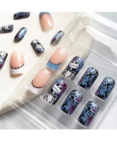 24Pcs Halloween Press on Nails | Short Square Acrylic Nails with Skulls Cobwebs & Glossy Finish - Perfect for Women & Girls - Buy Online on GoSupps.com