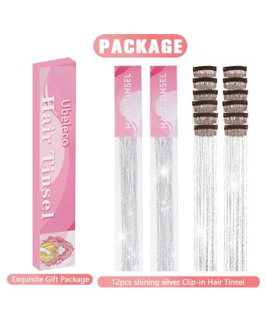 Silver Clip in Tinsel Hair Extensions 12Pcs Pack - 20.5 Inch Heat Resistant Fairy Hair Kit for Women & Girls - Glitter Extensions for Christmas Halloween Cosplay Party - Buy Online on GoSupps.com