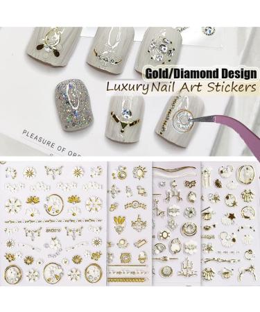 20 Sheet Luxury 3D Nail Art Stickers Gold/Diamond Design - Self-Adhesive Custom Metallic Decals with Tweezers for Women/Girls, Salon-Quality Nail Decor for Home DIY - Buy Online on GoSupps.com