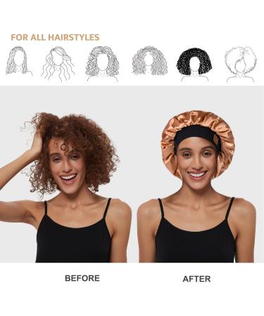 Satin Silk Sleep Cap for Curly Hair | Adjustable Wide Band | Double Layer | Hat Hut Bonnet - Gold - Buy Online on GoSupps.com