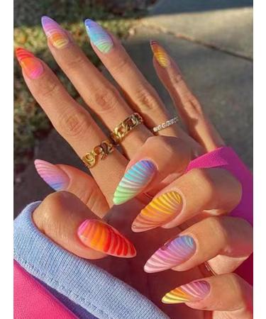 24pcs Rainbow Coffin Fake Nail Rainbow Press on Nails Rainbow Coffin Nails Luxurious Nails Acrylic Nails Fake Nails For Women Girls