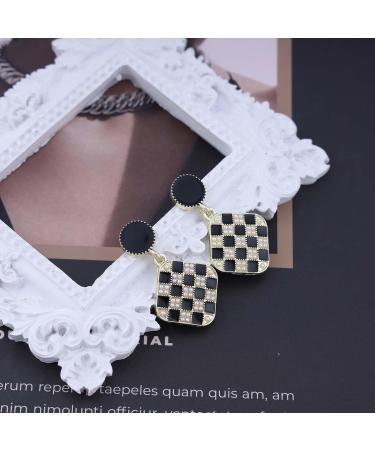 Vintage Black White Checkered Square Drop Earrings - Geometric Jewelry for Women - Stylish Black Disc Studs - Buy Online on GoSupps.com