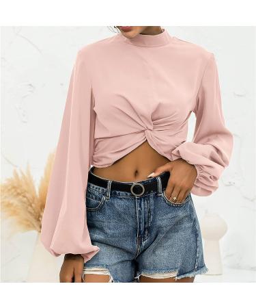 Trendy Lantern Sleeve Women's Pullover Shirt - Loose Fit Knot Front Turtleneck Sweatshirt in Solid Color - Large - A01 Pink - Buy Online on GoSupps.com