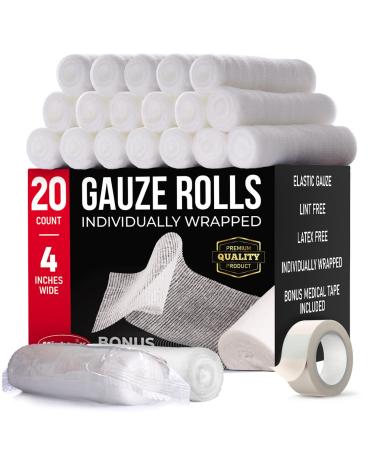 Premium Gauze Rolls - Pack of 20-4 in x 4.1 yd Gauze Bandage Roll - Individually Wrapped Rolled Gauze