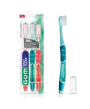 GUM Technique Daily Clean Toothbrush with Quad-Grip Handle & Stay Clean Cap Compact Head & Soft Bristles 3 Toothbrushes Multicoloured Daily Clean 1 count (Pack of 3)