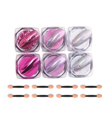 Chrome Nail Powder 6 Boxes Aurora Magic Mirror Effect Nail Powder Dust Manicure Pigments Holographic Nail Glitter Sequins for DIY Nail Art Design Decoration (Pink)