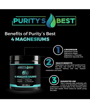Purity's Best 4 MAGNESIUMS Premium Magnesium Glycinate Malate L-Threonate Citrate 300mg 180 Veggie Capsules Third Party Tested 3 Months Supply Muscle Energy Nerve and Cognition Support - Buy Online on GoSupps.com