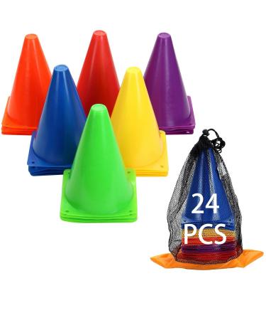 Win SPORTS Training Plastic Traffic Cones Set - Indoor Outdoor and Festive Events Agility Cones,Sports Soccer Flexible Cone Sets,Sports Equipment for Kids (Multicolor,24 Pack,7 Inch)