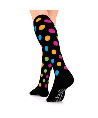 Go2 Compression Socks for Men Women Nurses Runners| Medium Compression Stockings Black W/ Polka Dot 16-22 Mmhg Large