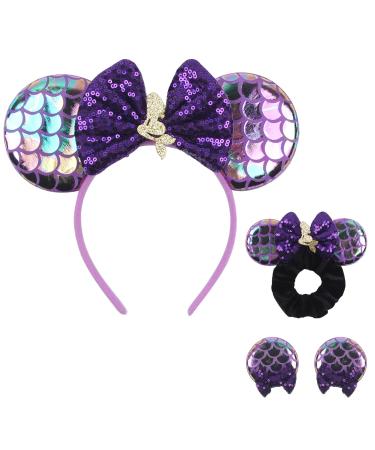 zhezesmila Mouse Ears Headband  Shiny Mouse Ears Hair Clips and Sequin Mouse Ears Velvet Scrunchies with Bow Hair Accessories for Girls Women Boys Birthday Party (Mermaid Purple)