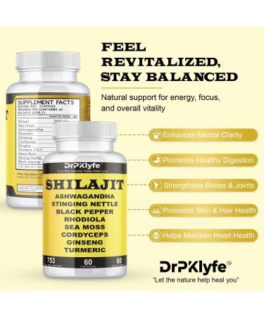 DrPKlyfe Shilajit Capsules with Ashwagandha Rhodiola Sea Moss and Turmeric - 753mg 60 Caps - Stress Relief Stamina Building Adrenal Adaptogens Men's Health & Joint Support - Buy Online on GoSupps.com