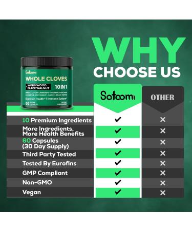 Satoomi 10in1 Clove Supplement Rich in Vitamins & Minerals for Digestive, Immune System, Bone & Heart Health with Wormwood, Black Walnut, Cinnamon, Turmeric, Ginger, Cardamom - 60 Capsules - Buy Online on GoSupps.com