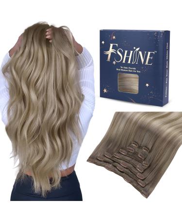 FSHINE hair extension real hair clip50cm 20 inch 120g 7 pieces walnut brown to ash brown and bleach blonde clip in hair extension real hair extensions clip in extensions #19/8/60 3.2 Clip #19/8/60 55cm