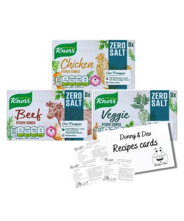 Stock Cube Bundle Salt Free Knorr No Salt (Gluten Free) Chicken Stock Cubes (8x10g) Beef Stock Cubes (8x10g) Vegetable Stock (8x10g) & Inspirational Cooking Recipes Donny & Dev