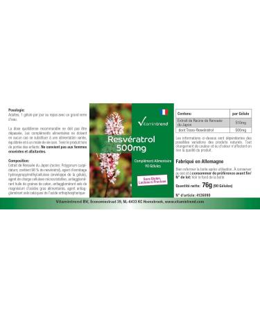 Resveratrol 500mg - 90 Vegan Capsules | High Dosage Knotweed Extract | Vitamintrend - International Shipping Available - Buy Online on GoSupps.com