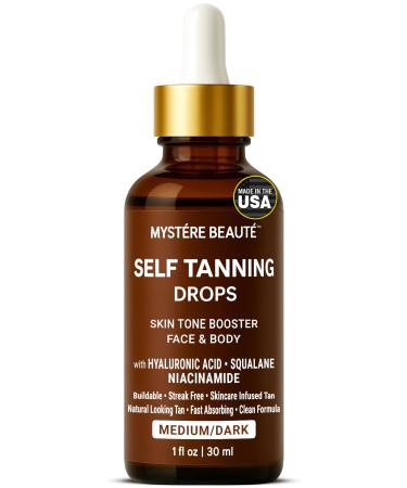 Hydrating Self Tanning Drops MEDIUM/DARK Face & Body Glow with DHA Hyaluronic Acid Niacinamide Buildable Streak Free Tan MYSTERE BEAUTE 1 fl oz