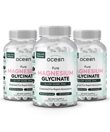 Organics Ocean Pure Magnesium Glycinate with Zinc - Maximum Strength Chelated Magnesium Supplement for Women and Men for Muscle Cramps and Sleep Support - 3 Bottles 90 Count (Pack of 3)