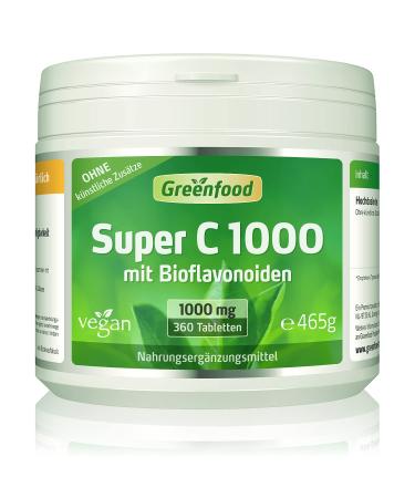 Greenfood Super C 1000 mg vitamin C high dose 360 tablets - with acerola.For immune system and cell protection - without artificial additives.Vegan.Laboratory test.360 pieces (1 Pack)