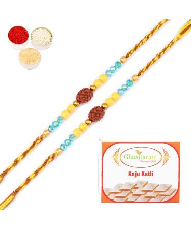Ghasitaram Gifts Rakhi for Brother Rakhis Online - Set of 2-1906- Rudraksh Rakhi with 200 GMS of Kaju katli