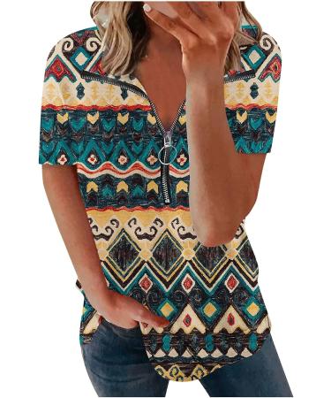 2023 Women's Zipper Short Sleeve Notched V Neck Blouse - Khaki, Small | Loose Flowy Graphic Tee Shirt - Buy Online on GoSupps.com