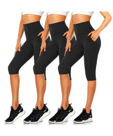 Women's Knee Length Leggings-High Waisted Capri Pants Biker Shorts for Women Yoga Workout Exercise Short Casual Summer 01-black,black,black(pockets) Large-X-Large