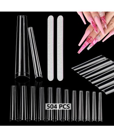 504Pcs Long Clear Coffin Nails Tips, XXL Extra Long No C Curve Half Cover Coffin Nail Tips for Acrylic Nails Professional, Acrylic Nail Tips Fake Nails for Salons and DIY Nail Art with 2 Nail Files 504PCS XXL Coffin With Bag