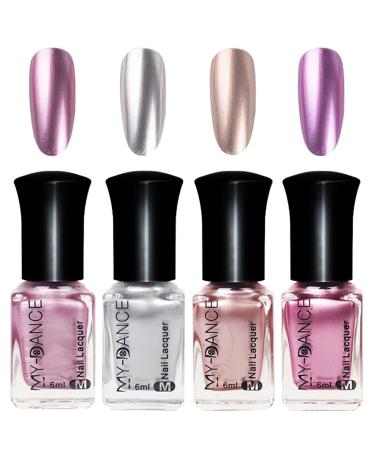 Chrome Nail Polish 4 Colors Metallic Nail Polish Pink Silver Gold Nail Polish Metal Mirror Effect Metallic Nail Polish Nail Varnish Long Lasting Nail Polish No UV Needed