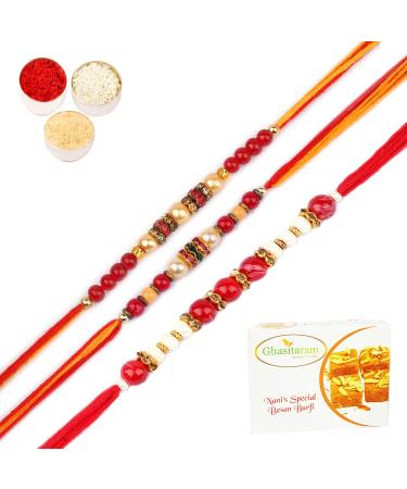 Ghasitaram Gifts Rakhi for Brother Rakhis Online - Set of 3 RS-140 6349 6941 Pearl Rakhis with 400 GMS of Besan Barfi