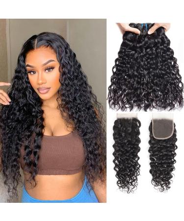 9A Brazilian Water Wave Bundles with Closure (14 16 18+14inch) Unprocessed Human Hair Bundles with Closure Brazilian Water Wave with Closure Free Part Natural Color 14 16 18+14free Natural Color