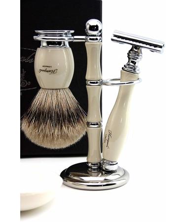 Premium 100% Hand Made Ivory Shaving Set for Men | Includes Silver Tip Badger Brush 3 Razors Bowl & Soap Holder - Buy Online on GoSupps.com