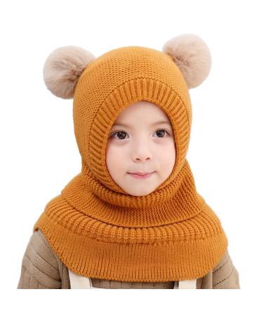 Baby Balaclava Kids Winter Warm Hat Scarf Warm Knitted Hood Hat with Double Pom Pom Design Beanie Caps for Baby Girls Boys Cute Small Bear Winter Hat D-C One Size