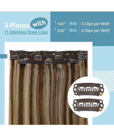 FSHINE Real Hair Clip-In Extensions - Chestnut Brown & Honey Blonde - 30cm Remy Thick 80g - 7 Pieces #4P27 - Smooth Clip-In Extensions for Women - Buy Online on GoSupps.com