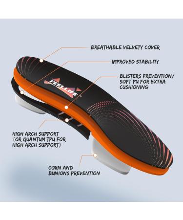 FEELLIFE Insoles for Plantar Fasciitis - Gel Shoe Inserts for Arch Support - Orthopedic Foot Pain Relief | Size S (35-39) - Schwarz & Orange - Buy Online on GoSupps.com