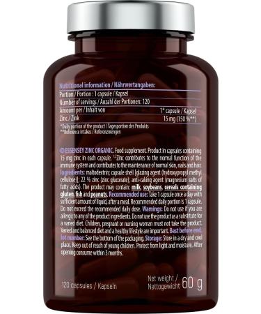  ESSENSEY ESSENSEY - Organic zinc (zinc gluconate) I 120 capsules I 15 mg per recommended daily dose I 120 days of dietary supplement I For vegetarians - Buy Online on GoSupps.com